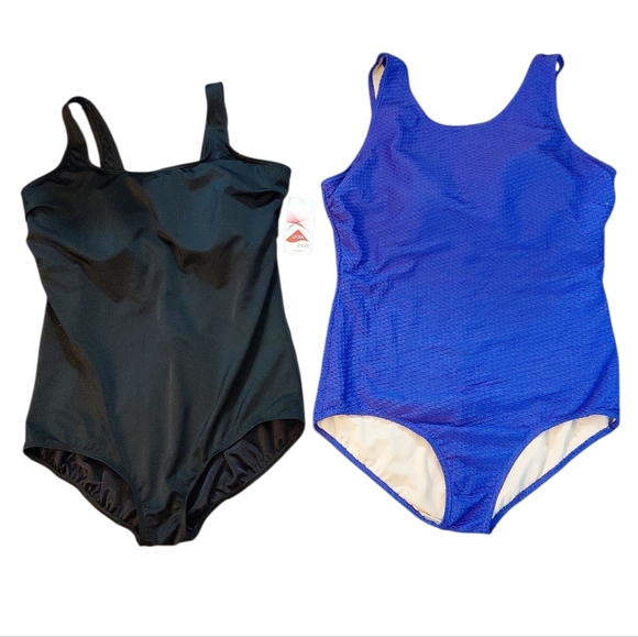 TWO Plus Size Swimsuits Purple And Black One Piece Bathing Suits Women's Size 16 - Picture 1 of 8